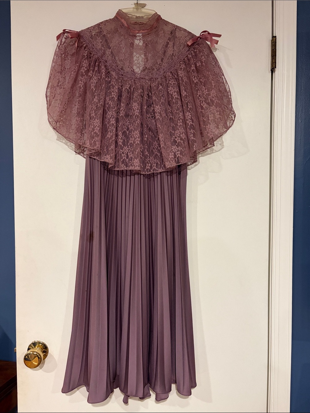 VTG 70s Pleated Maxi Dress Convertible Capelet Mauve Pink - As Is